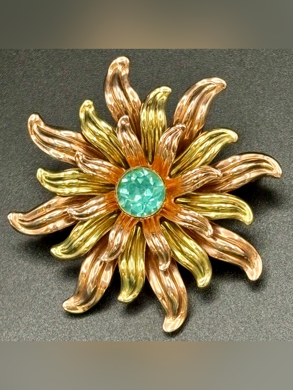 Vintage Van Dell Tri-Color 12K GF Convertible Flower Brooch Pendant Aqua Stone